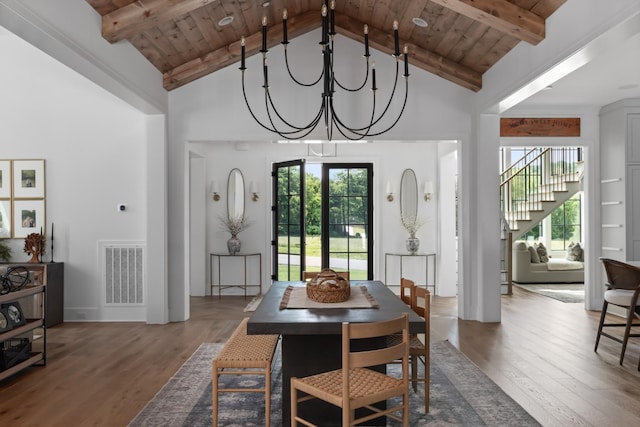 1936 Silver Fox Rd, Thompsons Station, TN 37179 - dining room with wood ceiling with exposed beams, healthy amount of natural light, wood finished floors, a chandelier, and stairs