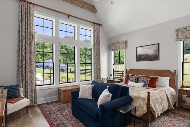 1936 Silver Fox Rd, Thompsons Station, TN 37179 - bedroom featuring multiple windows, high vaulted ceiling, wood finished floors, baseboards, and beam ceiling