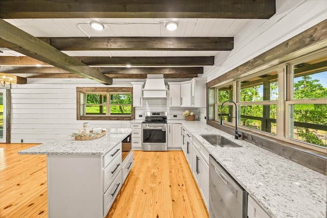 4221 New Hope Rd, Celina, TN 38551 - kitchen featuring appliances with stainless steel finishes, a sink, white cabinets, beamed ceiling, and light wood-style floors