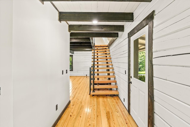 4221 New Hope Rd, Celina, TN 38551 - hall with beamed ceiling, light wood-type flooring, and wood walls