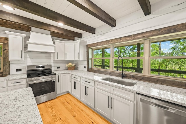 4221 New Hope Rd, Celina, TN 38551 - kitchen featuring appliances with stainless steel finishes, custom range hood, a sink, white cabinetry, and wooden ceiling with exposed beams