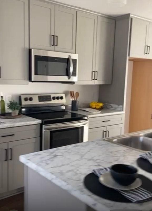 362 Baldwin Ln, Springfield, TN 37172 - kitchen with stainless steel appliances, gray cabinetry, and light stone countertops