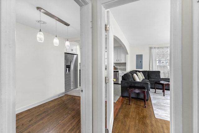 109 Garwood Dr, Nashville, TN 37210 - hallway with electric panel, dark wood-type flooring, arched walkways, and baseboards