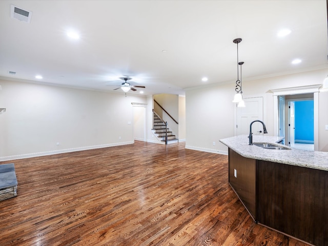 1116 Rivercrest Dr, Murfreesboro, TN 37129 - kitchen featuring a sink, ceiling fan, dark wood finished floors, ornamental molding, and recessed lighting