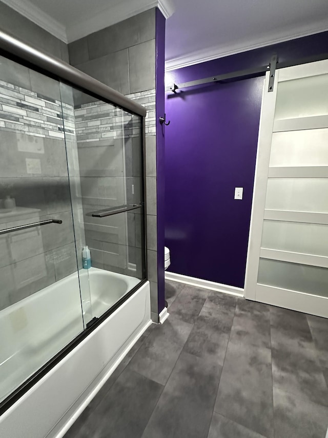 2364 Skyview Dr, Centerville, TN 37033 - bathroom featuring ornamental molding, toilet, and bath / shower combo with glass door