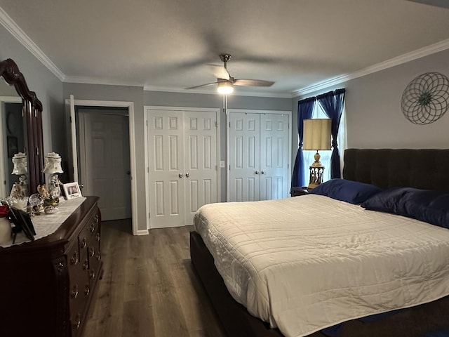 2364 Skyview Dr, Centerville, TN 37033 - bedroom featuring dark wood-style floors, crown molding, two closets, and ceiling fan