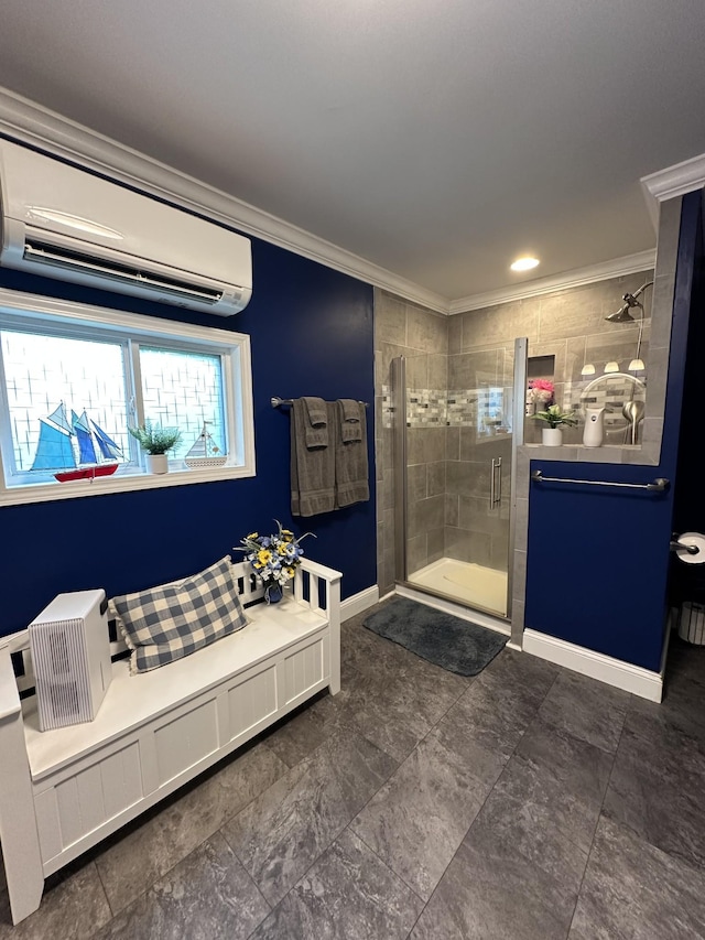 2364 Skyview Dr, Centerville, TN 37033 - full bath with a wall mounted AC, crown molding, a stall shower, and baseboards