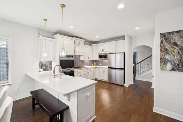 4337 Peacemill Ln, Murfreesboro, TN 37128 - kitchen featuring stainless steel appliances, a sink, premium range hood, a peninsula, and backsplash
