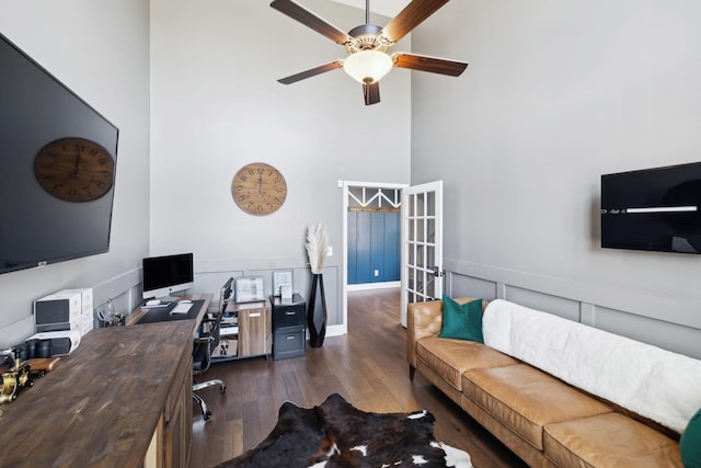 4337 Peacemill Ln, Murfreesboro, TN 37128 - home office featuring a high ceiling, dark wood-type flooring, a ceiling fan, and french doors