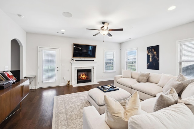 4337 Peacemill Ln, Murfreesboro, TN 37128 - living area featuring a ceiling fan, plenty of natural light, recessed lighting, dark wood-style floors, and arched walkways