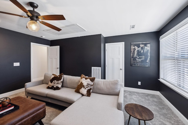 4337 Peacemill Ln, Murfreesboro, TN 37128 - living room with attic access, a ceiling fan, carpet floors, and baseboards