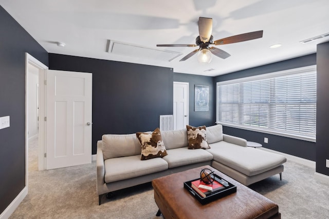 4337 Peacemill Ln, Murfreesboro, TN 37128 - living room featuring attic access, a ceiling fan, carpet, and baseboards