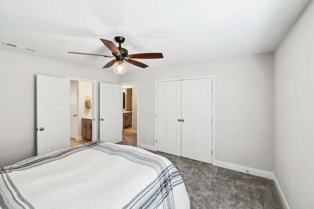 4337 Peacemill Ln, Murfreesboro, TN 37128 - carpeted bedroom featuring baseboards, a closet, connected bathroom, and a ceiling fan