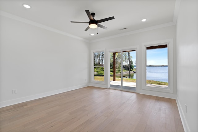 199 Beach Rd N, Killen, AL 35645 - unfurnished room featuring ceiling fan, baseboards, ornamental molding, light wood-style flooring, and recessed lighting