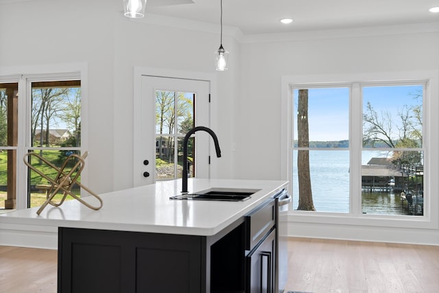 199 Beach Rd N, Killen, AL 35645 - kitchen featuring a sink, dark cabinetry, a water view, light countertops, and light wood-style flooring