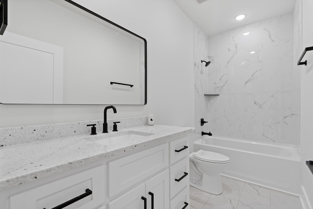 199 Beach Rd N, Killen, AL 35645 - bathroom with vanity, toilet, bathtub / shower combination, marble look tile flooring, and recessed lighting