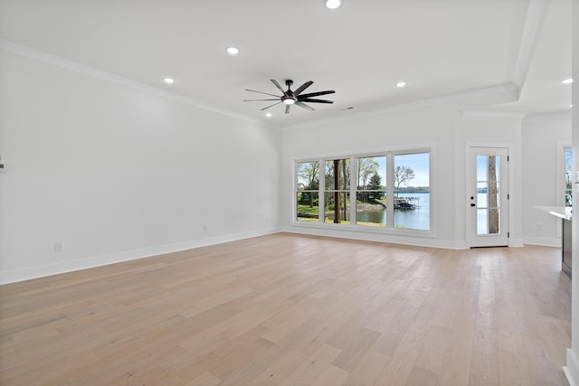 199 Beach Rd N, Killen, AL 35645 - unfurnished living room with crown molding, ceiling fan, light wood-style floors, recessed lighting, and baseboards