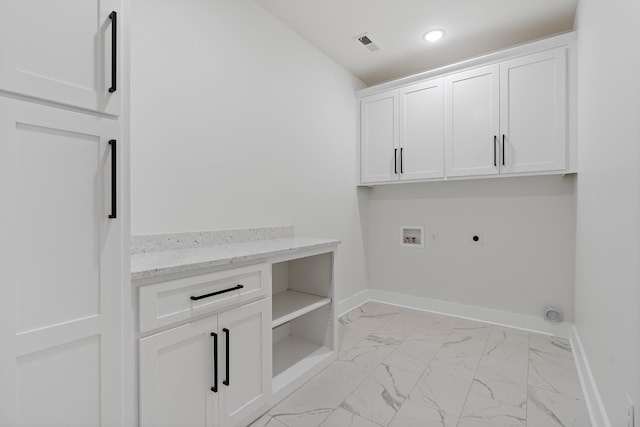 199 Beach Rd N, Killen, AL 35645 - washroom featuring electric dryer hookup, cabinet space, light marble finish flooring, baseboards, and recessed lighting