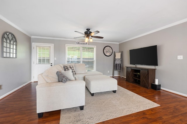 102 Mckinley Dr, Columbia, TN 38401 - living room featuring ceiling fan, ornamental molding, wood finished floors, and baseboards
