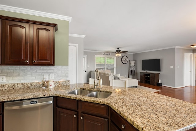 102 Mckinley Dr, Columbia, TN 38401 - kitchen featuring stainless steel dishwasher, a sink, crown molding, ceiling fan, and backsplash