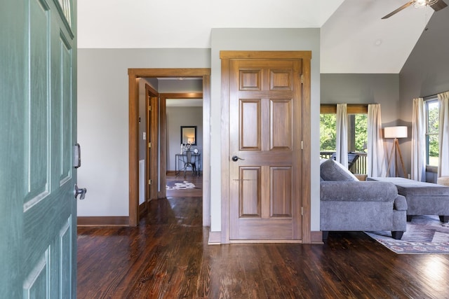2890 Ellis Ln, Palmyra, TN 37142 - entryway with wood finished floors, baseboards, a ceiling fan, and lofted ceiling