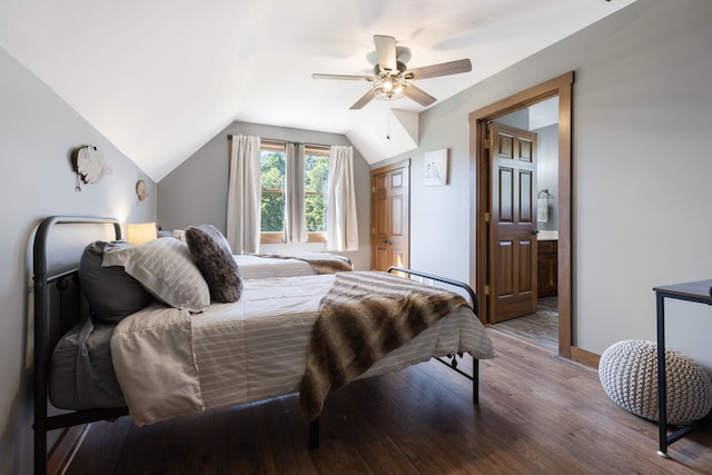 2890 Ellis Ln, Palmyra, TN 37142 - bedroom featuring wood finished floors, lofted ceiling, a ceiling fan, and baseboards
