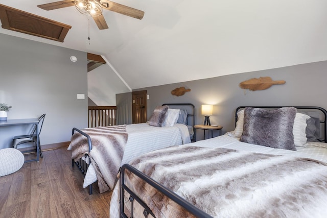 2890 Ellis Ln, Palmyra, TN 37142 - bedroom with wood finished floors, lofted ceiling, ceiling fan, and baseboards