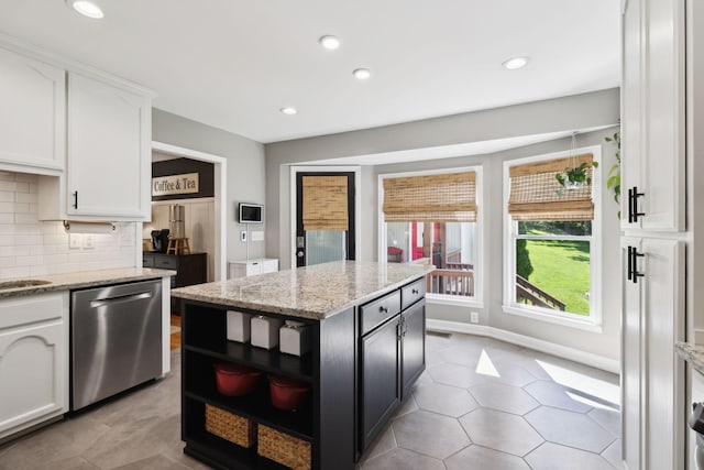 519 Glen Echo Dr, Old Hickory, TN 37138 - kitchen with stainless steel dishwasher, white cabinetry, open shelves, tasteful backsplash, and recessed lighting