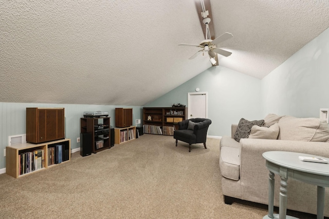 519 Glen Echo Dr, Old Hickory, TN 37138 - carpeted living room featuring a textured ceiling, ceiling fan, lofted ceiling, and baseboards