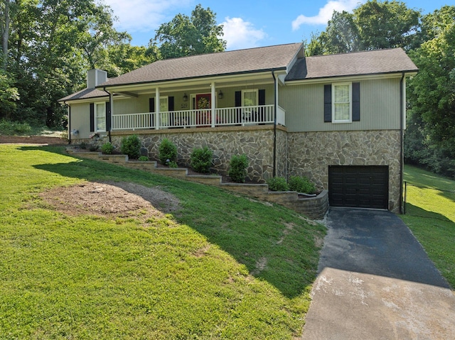 519 Glen Echo Dr, Old Hickory, TN 37138 - ranch-style house with stone siding, asphalt driveway, a chimney, an attached garage, and a front yard