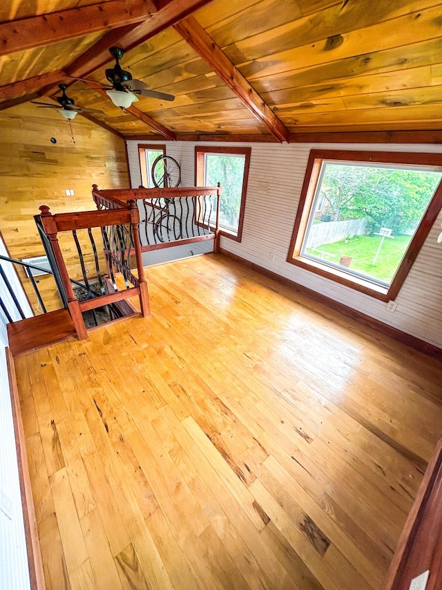 126 Carroll St S, Bruceton, TN 38317 - additional living space featuring wooden walls, plenty of natural light, light wood-style flooring, wood ceiling, and ceiling fan