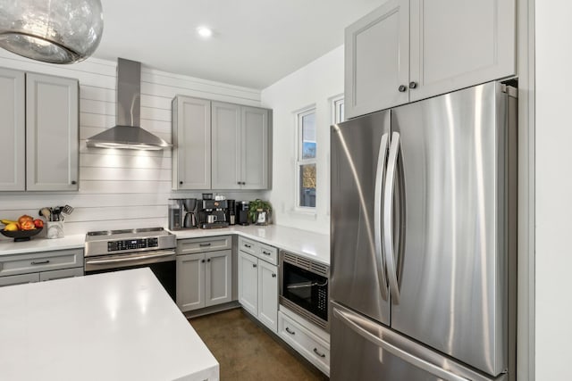 1609 Marsden Ave, Nashville, TN 37216 - kitchen with appliances with stainless steel finishes, wall chimney exhaust hood, light countertops, finished concrete flooring, and gray cabinets