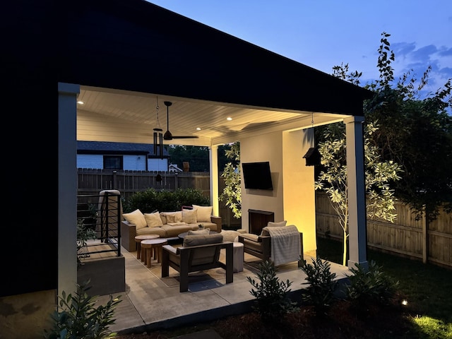 1609 Marsden Ave, Nashville, TN 37216 - fenced backyard with an outdoor living space with a fireplace, a patio area, and ceiling fan