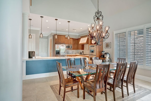 1161 Chloe Dr, Gallatin, TN 37066 - dining area with light tile patterned floors, a chandelier, crown molding, recessed lighting, and baseboards
