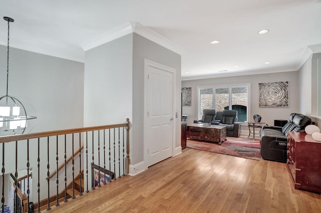 1161 Chloe Dr, Gallatin, TN 37066 - hallway featuring a chandelier, wood finished floors, crown molding, an upstairs landing, and baseboards