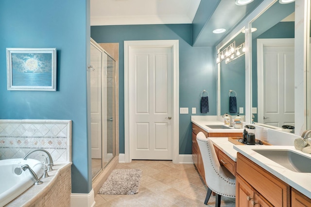 1161 Chloe Dr, Gallatin, TN 37066 - full bathroom with a stall shower, double vanity, a bath, tile patterned flooring, and crown molding