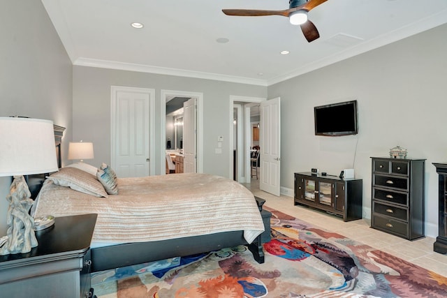 1161 Chloe Dr, Gallatin, TN 37066 - bedroom featuring light tile patterned floors, crown molding, baseboards, ceiling fan, and recessed lighting