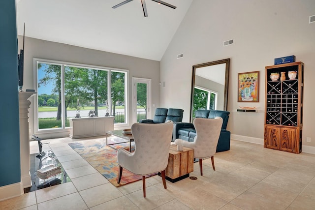 1161 Chloe Dr, Gallatin, TN 37066 - dining space featuring high vaulted ceiling, a ceiling fan, baseboards, and light tile patterned floors