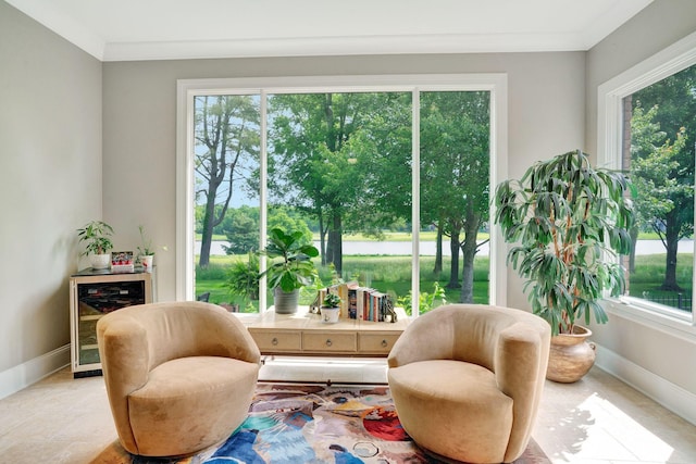 1161 Chloe Dr, Gallatin, TN 37066 - living area with baseboards, beverage cooler, crown molding, and a water view