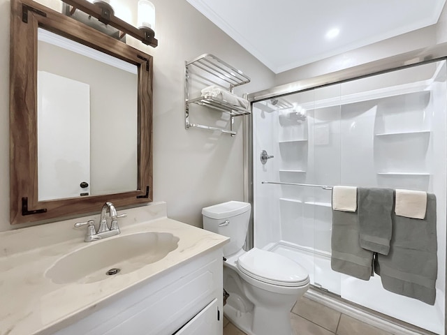 695 Bayshore Dr, Cadiz, KY 42211 - bathroom featuring toilet, vanity, a shower stall, ornamental molding, and tile patterned floors
