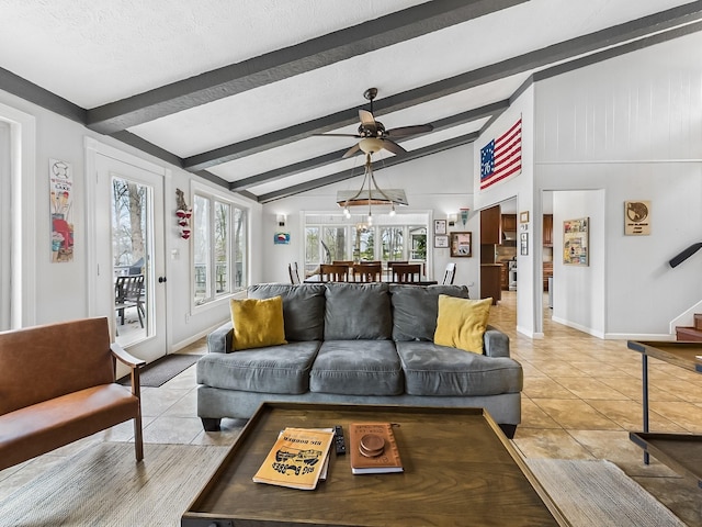695 Bayshore Dr, Cadiz, KY 42211 - living area featuring light tile patterned floors, a ceiling fan, stairway, baseboards, and a textured ceiling