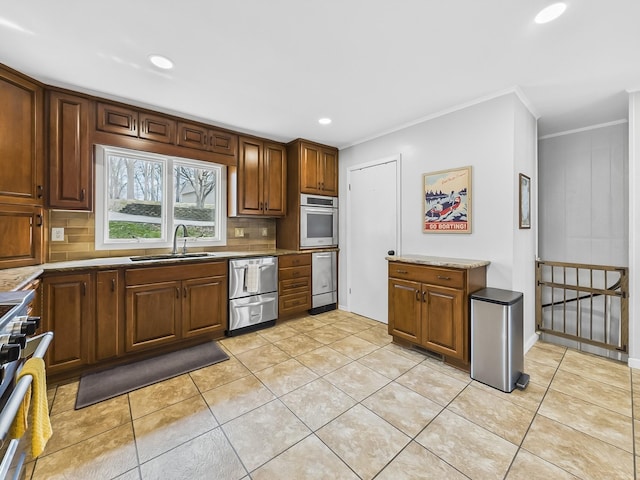 695 Bayshore Dr, Cadiz, KY 42211 - kitchen with a sink, ornamental molding, backsplash, stainless steel appliances, and light tile patterned floors