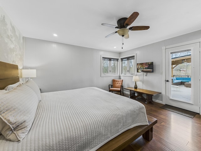 695 Bayshore Dr, Cadiz, KY 42211 - bedroom with access to exterior, wood finished floors, multiple windows, a ceiling fan, and recessed lighting