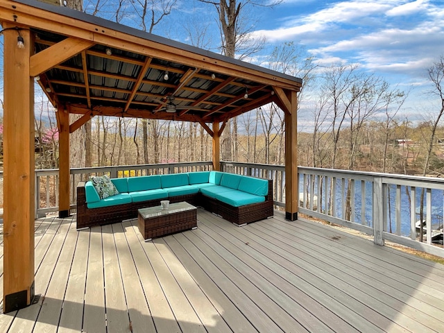 695 Bayshore Dr, Cadiz, KY 42211 - wooden terrace featuring an outdoor living space, a water view, and ceiling fan