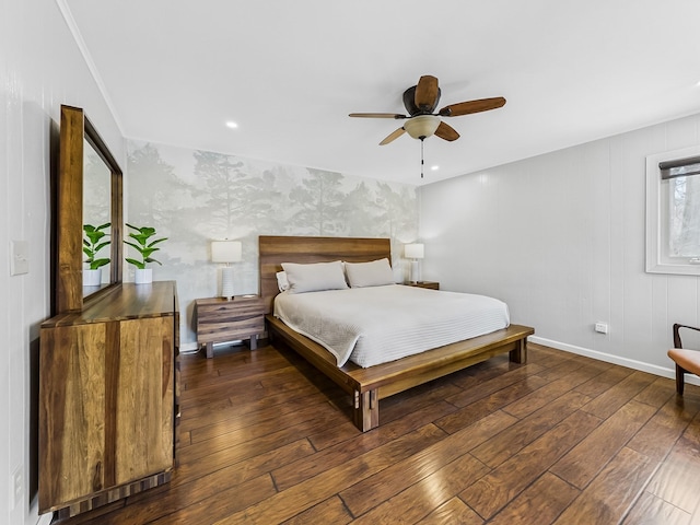 695 Bayshore Dr, Cadiz, KY 42211 - bedroom featuring wood-type flooring, baseboards, ceiling fan, and an accent wall