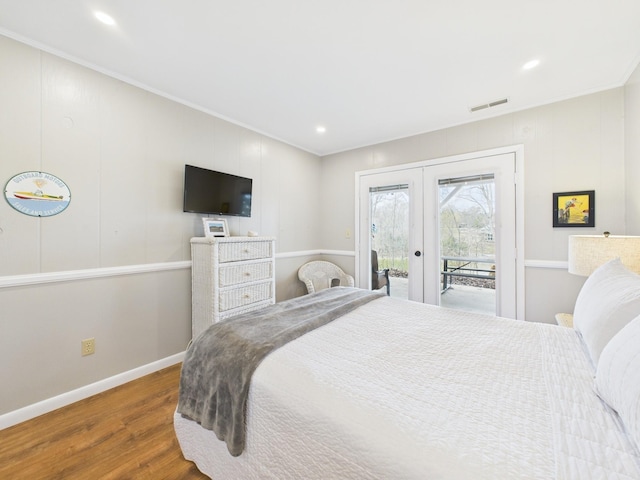 695 Bayshore Dr, Cadiz, KY 42211 - bedroom featuring ornamental molding, french doors, access to outside, wood finished floors, and baseboards
