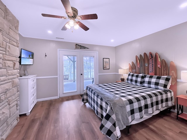 695 Bayshore Dr, Cadiz, KY 42211 - bedroom with access to exterior, wood finished floors, french doors, and a ceiling fan