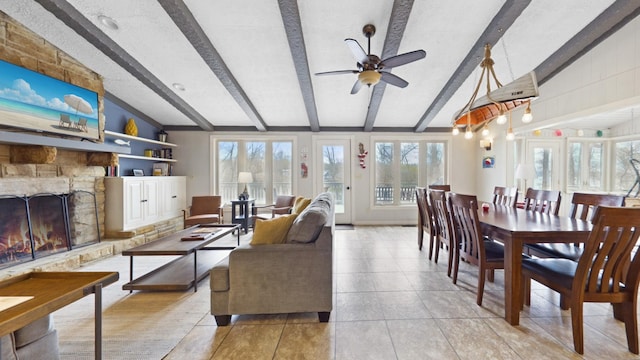 695 Bayshore Dr, Cadiz, KY 42211 - living room featuring light tile patterned flooring, a fireplace, and a ceiling fan