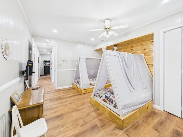 695 Bayshore Dr, Cadiz, KY 42211 - bedroom with wood finished floors, crown molding, recessed lighting, and a ceiling fan