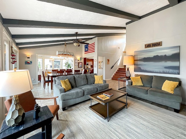 695 Bayshore Dr, Cadiz, KY 42211 - living area featuring stairs, a ceiling fan, and baseboards